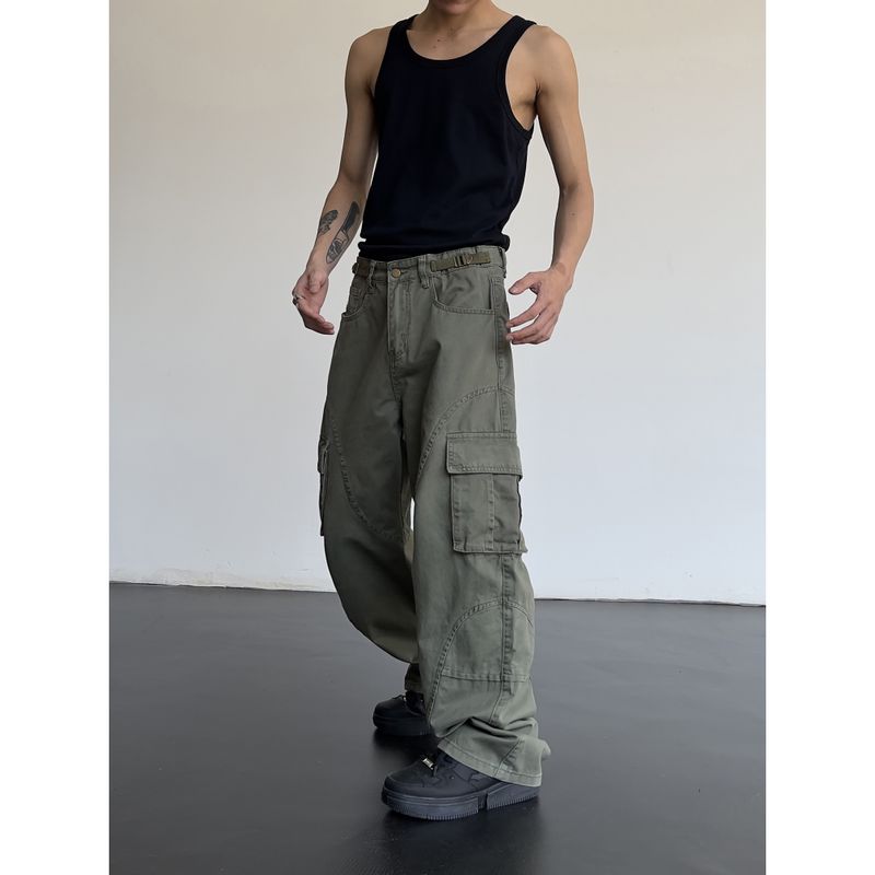 American Retro Street Style Large Pocket Autumn Cargo Pants with a Sense of Design, Long Straight-Leg Loose Casual Pants for Men and Women