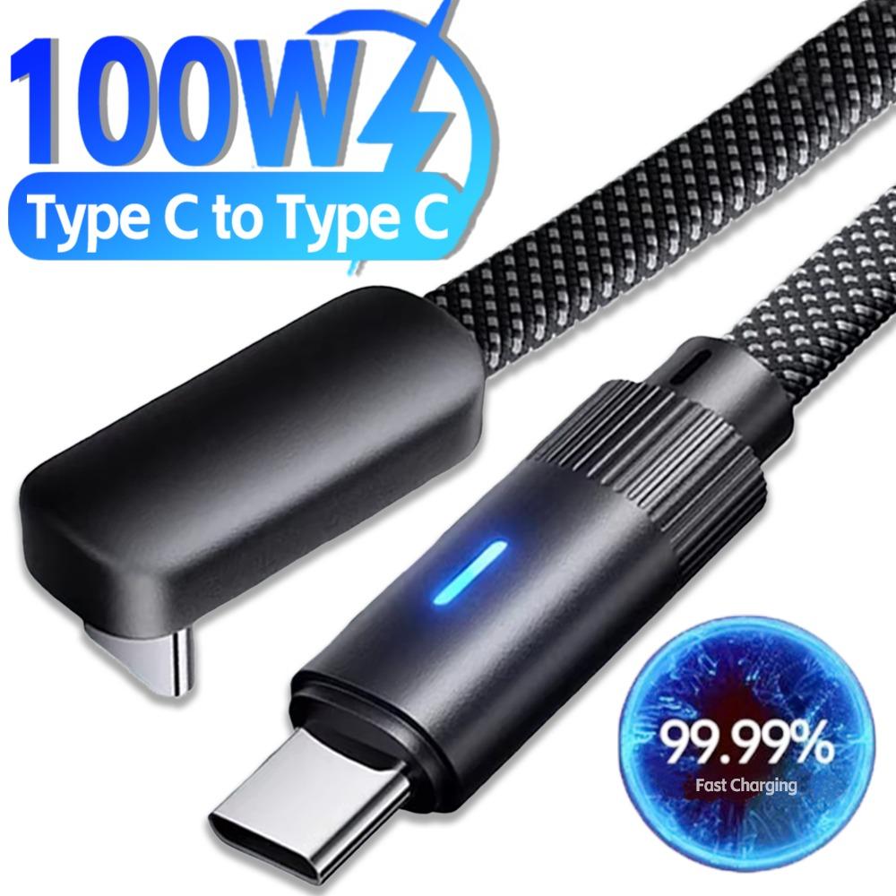 100W USB C To Type C Quick Charging Cable 90 Degree Elbow Flat Nylon Braided Cord for iPhone Samsung Xiaomi Right Angle Cables