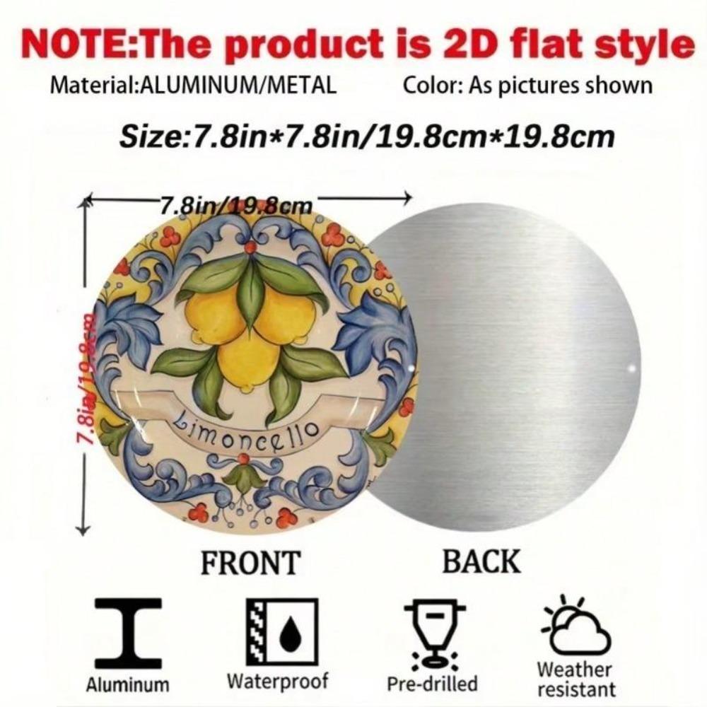 2D Lemon Art Round Aluminum Sign 7.8 Inch Mediterranean Home Kitchen Cafe Wall Decor Plate