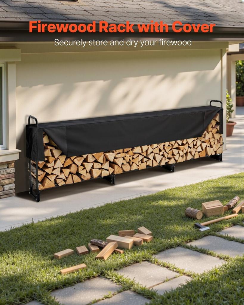 12.7FT Outdoor Firewood Rack with Cover, 152x14.2x46.1in,Heavy Duty Firewood Holder & 600D Oxford Waterproof Cover for Fireplace, Patio,
