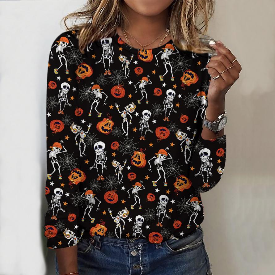 2025 Autumn & Winter Women's New Casual Crew Neck Long Sleeve Top 3D Halloween Pattern Ideal Halloween Christmas Gift