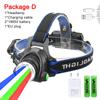 4 In 1 Adjustable Focus LED Headlight Red+Green+Blue+White Zoomable Fishing Front Head Flashlight Torch USB Red Warning Light
