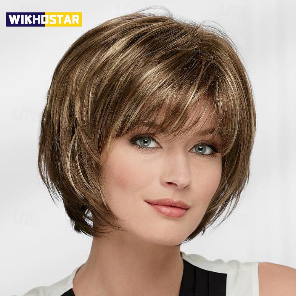 Sentetik Saç Kısa Düz Peruklar Beyaz Kadınlar İçin Karışık Kahverengi Peruklar Kaküllü Peruk Kısa Saç Perukları