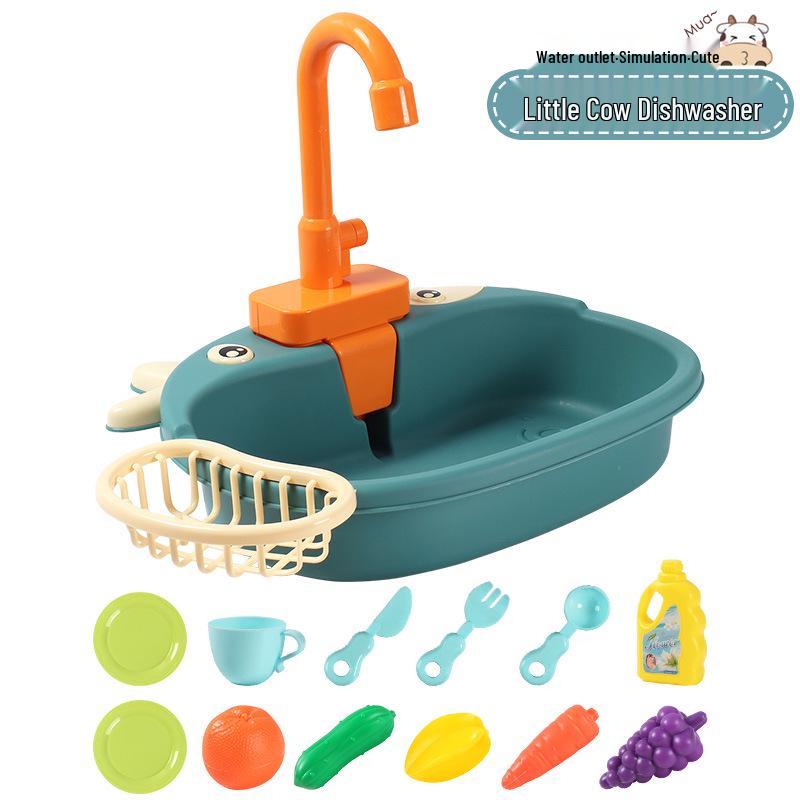 Cartoon Cow Electric Faucet Toy Kitchen Set with Sink, Stove, and Play Fruits & Vegetables