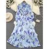 Stand Collar A- Line Printed Chiffon Pleated Elegance Dress