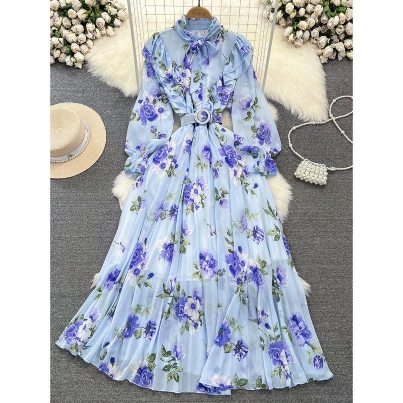 Stand Collar A- line Printed Chiffon Pleated Elegance Dress