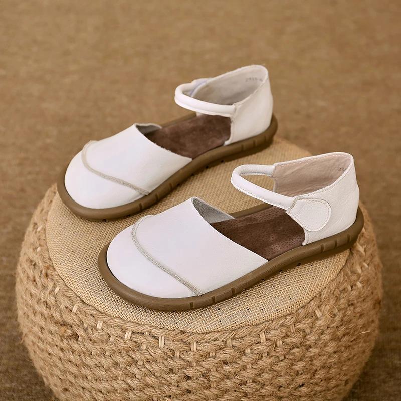 Fashion Retro Handmade brown Leather Flats Sandals 2025 Summer New Casual Versatile Comfortable Soft Sole Women's Shoes