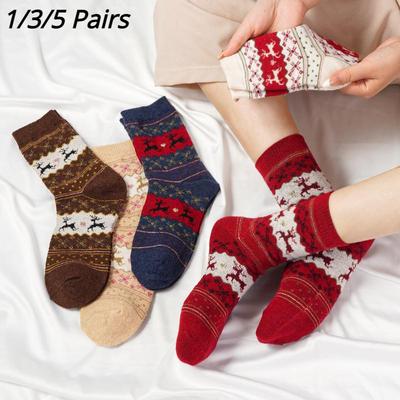 1/3/5 Paar Damen Lucky Elch Socken Lot Urlaubsatmosphäre Weihnachtssocken Herbst Winter Warme Socken Weihnachtsgeschenk