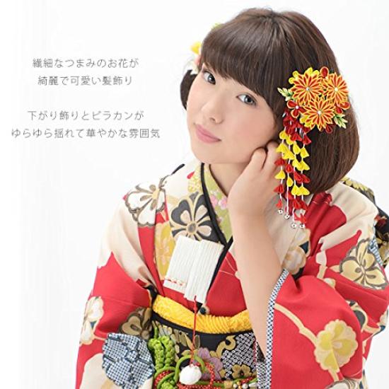 [Kyoto Kimono Town] Tsumami-zaiku Hair Ornament (Single Item) Yellow x Red, Ken-tsumami (Sword-shaped Petal)