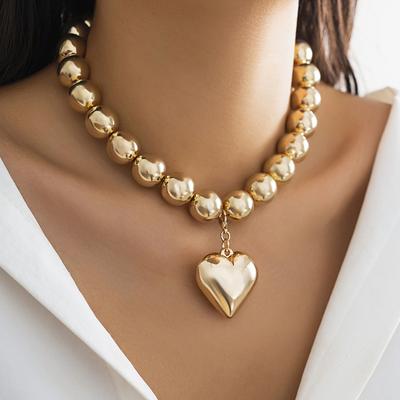 Salircon Big CCB Ball Beaded Chain Heart Shape Pendant Necklace for Women Gold Color Trendy Clavicle Choker Necklace  Jewelry