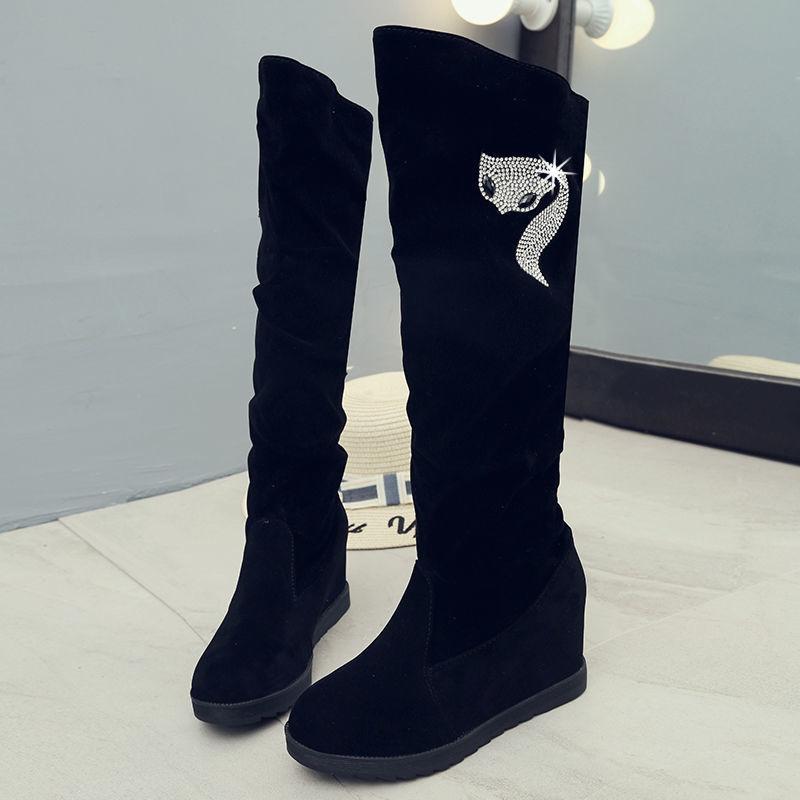 Autumn and Winter Velvet Medium and Long Boots High Heel Women's Suede Medium Boots Rhinestone Slope Heel Long Inner Height Increasing Women's Knig