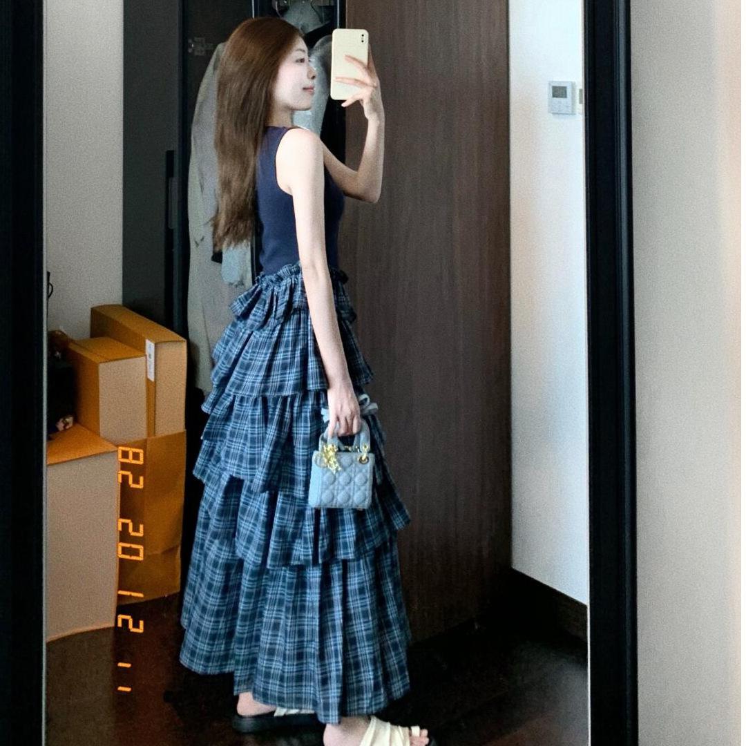French retro blue plaid splicing sleeveless vest dress design sense niche beautiful waist long dress S