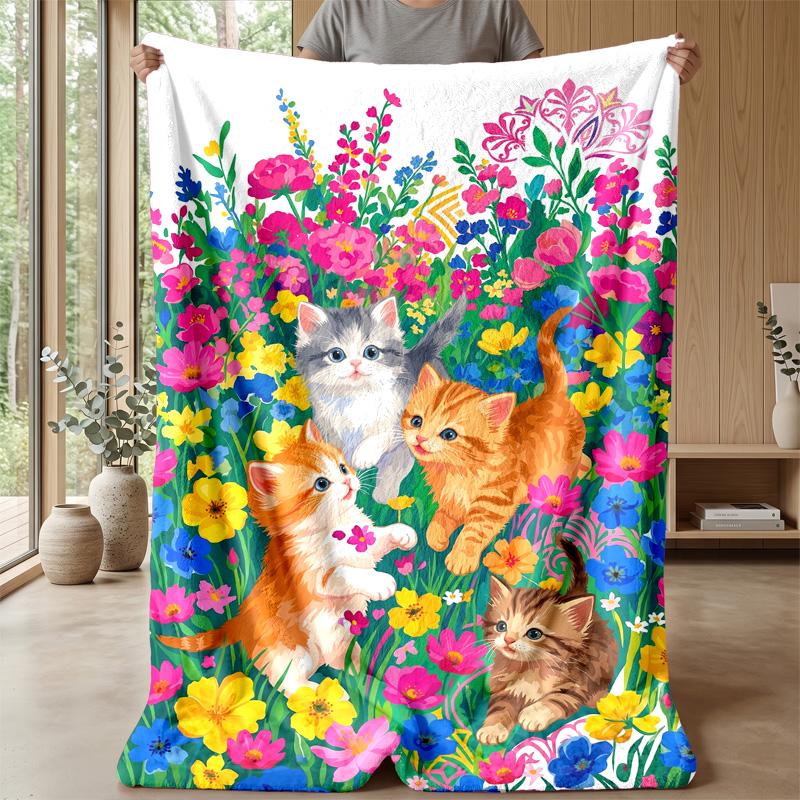 Kittens and Roses Romance Theme blanket Lightweight Warm Flannel Blanket Decorative Throw Blanket for Home Decoration