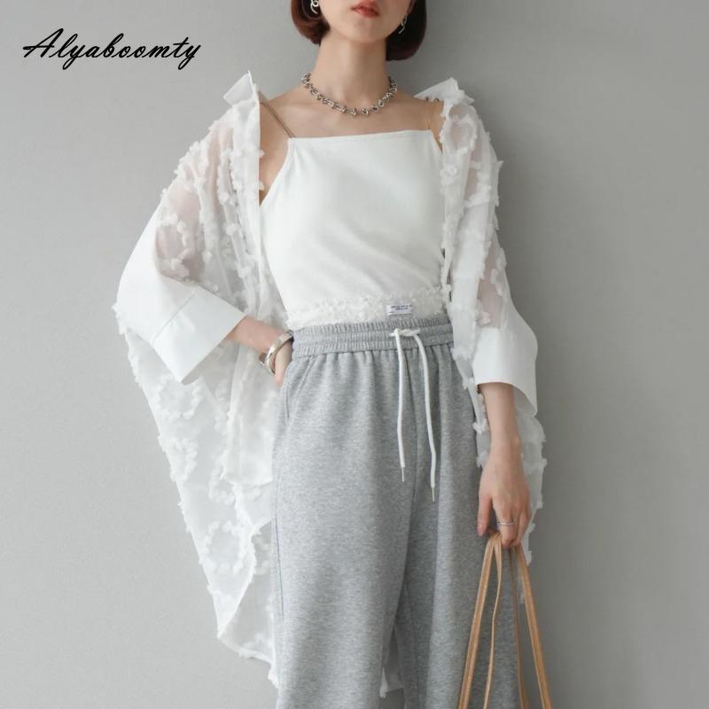 Korean Fashion Summer Spring Women Cardigan Turn-Down Collar White Black Oversized Lace Blouse Delicate Elegant Ladies' Thin Outerwear