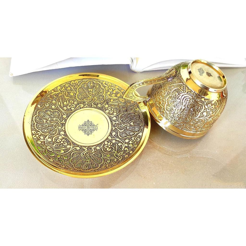 Tasse et soucoupe en laiton pur avec motif en relief, pour servir le thé, le café, vaisselle