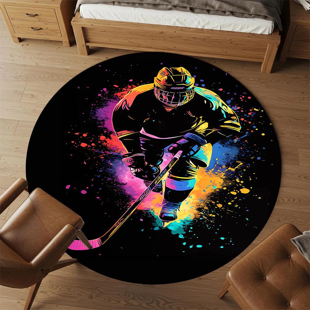 1pc Hockey Player Pattern Office Round Rugs, Under Chair Round Rugs for Living Room, Bedroom, Bathroom Decoration Carpet 091875