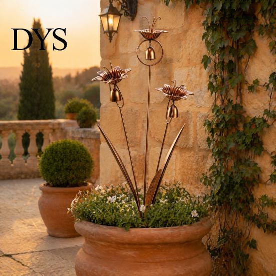 Decorative Metal Stakes Bronze Calla Lily Wind Chime with Bells, Rustproof Ground Stake Yard Art, Garden Bed Accessories Easy Install Outdoor