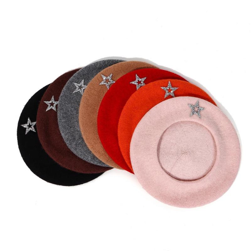 Women S Wool Blend Beret With Rhinestone Star Decor Artist Knitted Hat