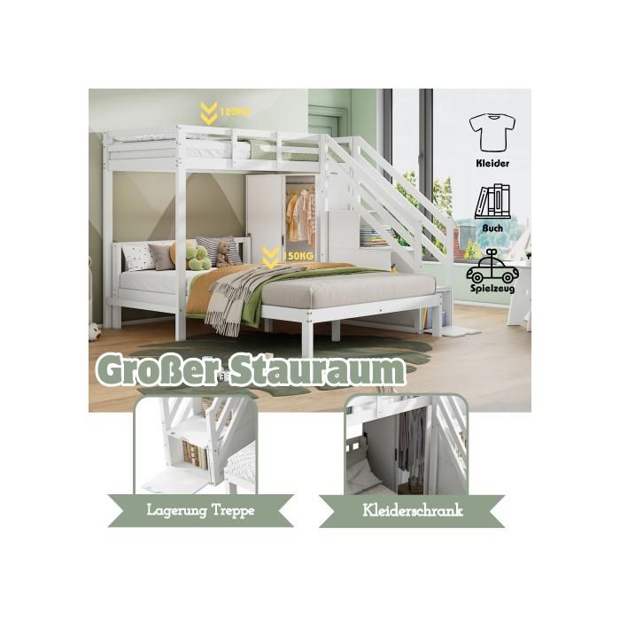 Lit superposé - MUVOE - 90*200 cm + 140*200 cm - Bois massif - Blanc - Avec armoire