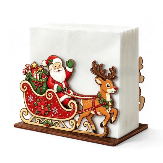 Gingerbread House Napkin Rack Christmas Wooden Tissue Holder, Dispenser with Santa Elk Decorative Stand Pattern, Organizer for Dining Table