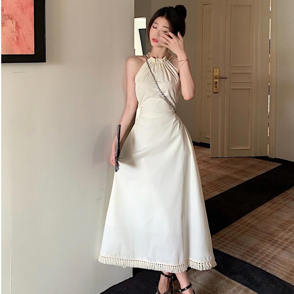 French Temperament Back Hollow Neck Sling Dress Women's Summer Waist Seaside Vacation Wind Sleeveless Beach Dress