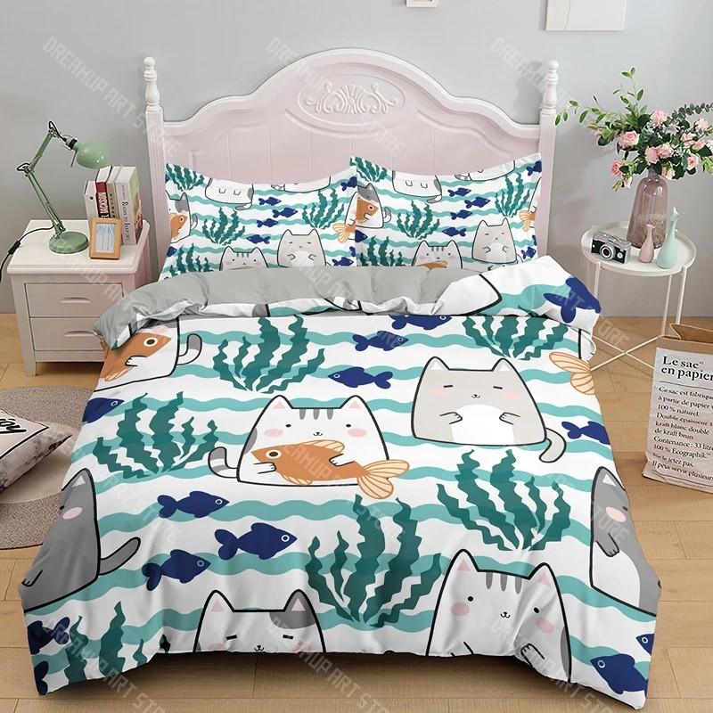 Boys Girls Animal Theme Cute Kitten Pattern 2_3pcs 3D Kids Cats Bedding Set Twin Size Green Cartoon Cats Bedding Set for Kids