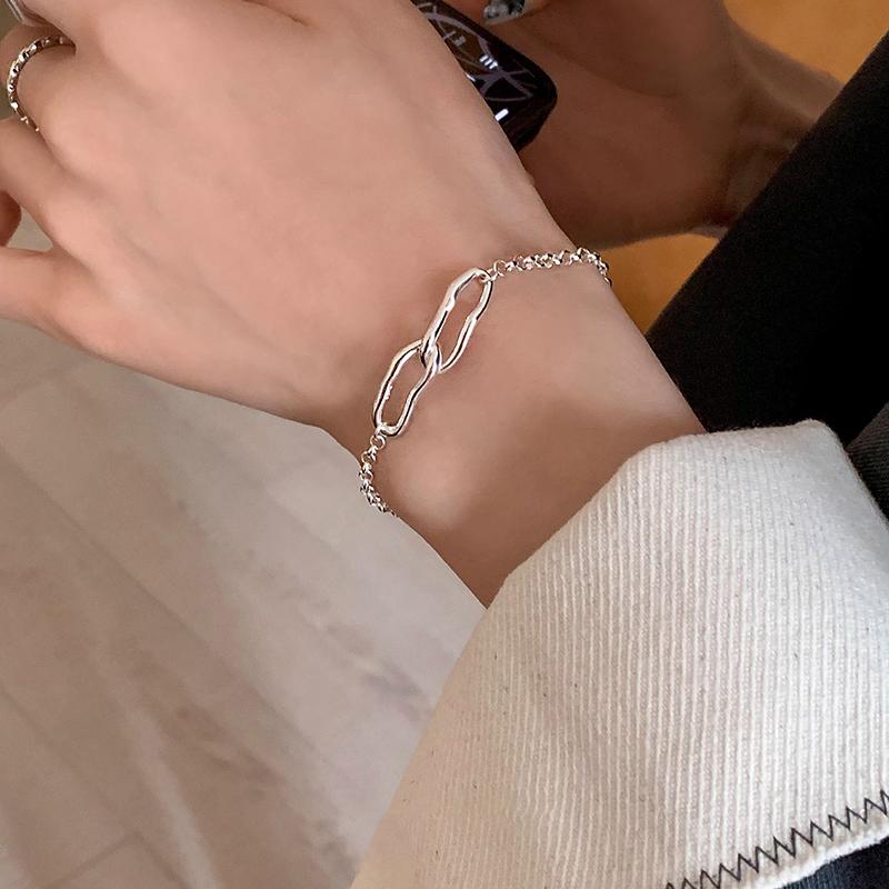 PANJBJ 925 Sterling Silver Geometry Bracelet for Women Hollow Out Minimalism Versatile Chain Hip Hop Jewelry Gift Dropshipping