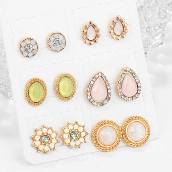 6Pairs Women Water Drop Flower Rhinestone Faux Opal Ear Studs Earrings