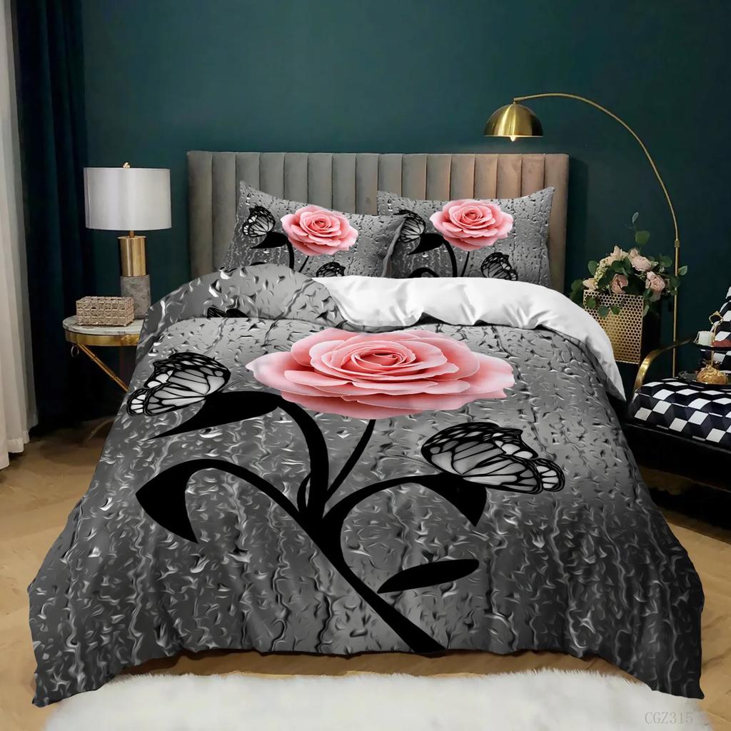 Pink Rose Duvet Cover Set Queen Size 3D Printed Rose Floral Bedding Set Botanical Blossom Flowers Microfiber Comforter Cover