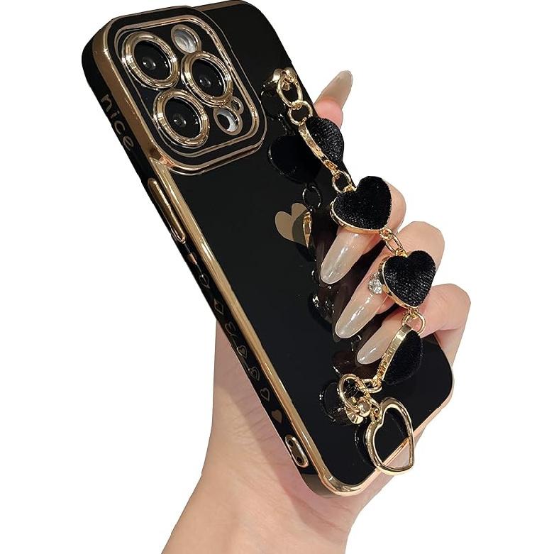 Caseative for iPhone 13 Pro Case,Cute Plating Love Heart Wrist Strap Chain Bracelet Phone Case (Black)