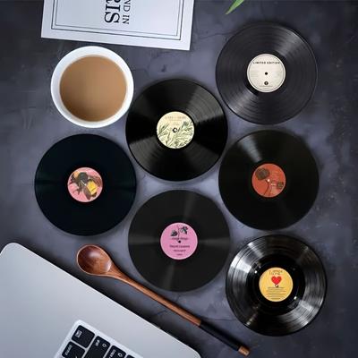 6Pcs 2D Printed Vinyl Record Coasters Anti-slip Retro Record Design Wooden Coasters Heat Insulation Cup Mats Photography Props