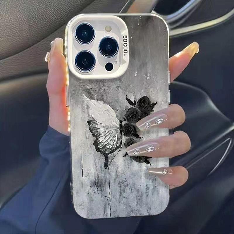 Black and White Butterfly Rose for iPhone16plus Mobile Phone Case 12promax Apple 15 Anti-drop 14 Matte 13