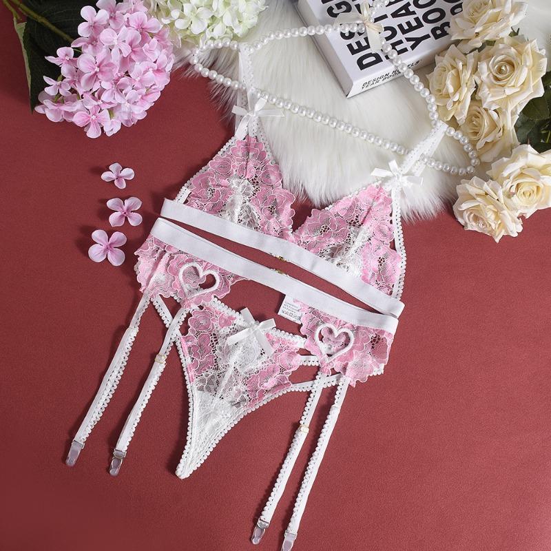 

Embroidered bra heart bow sexy lingerie women XL розовый