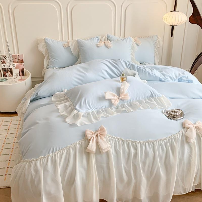 French Bed Set Four-piece Princess Style Bow Chiffon Yarn Romantic Lace Bed Sheet Quilt Cover Pillowcase