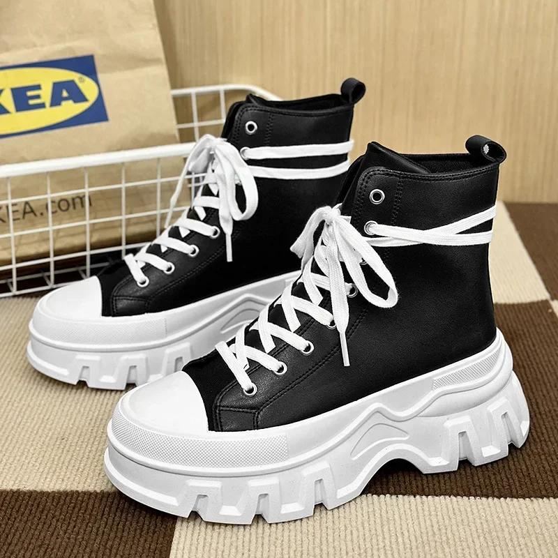 Fashion British Style Fashionable Motorcycle Boots High Top Lace Up Leather Boots 2024 Autumn/winter New Unisex Boots Men Ankle Botas