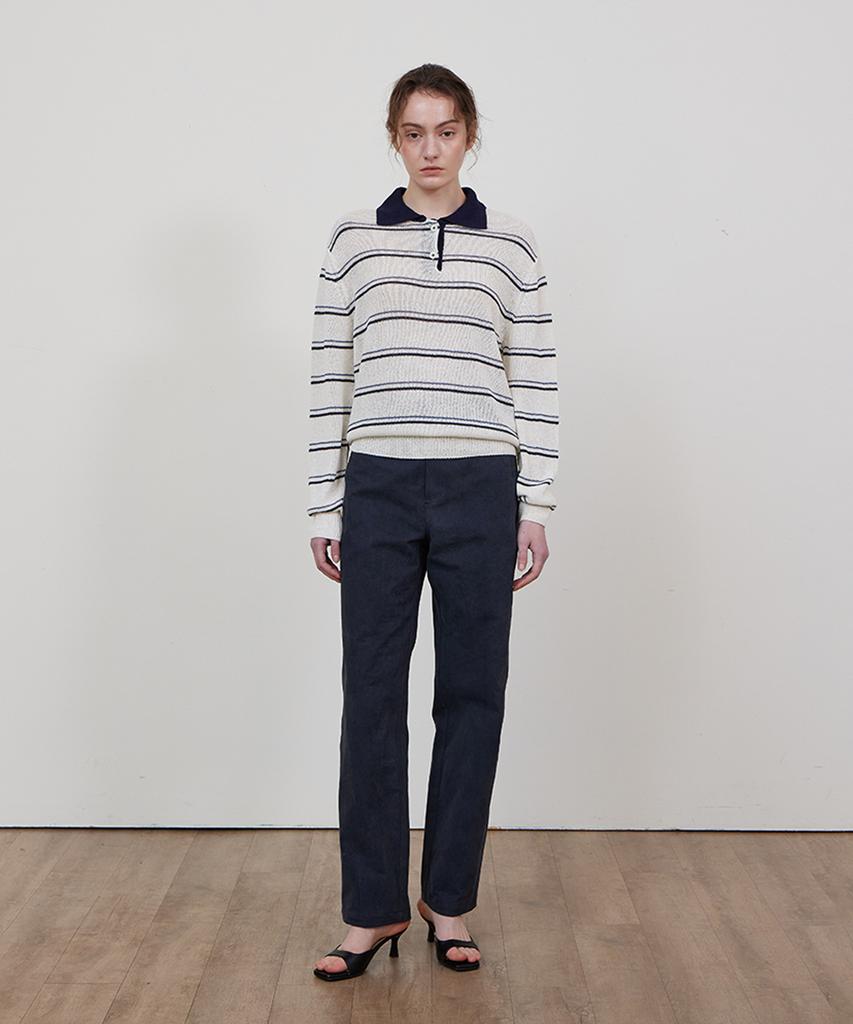 STEP AROUND Stripe Collar Linen Knit_Navy