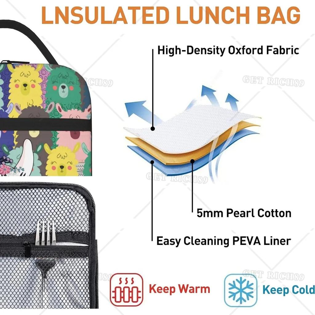 Llama Alpaca Insulated Lunch Bag for Kids Boys Girls Colorful Large Capacity Reusable Cooler Lunch Tote Bags for School Work