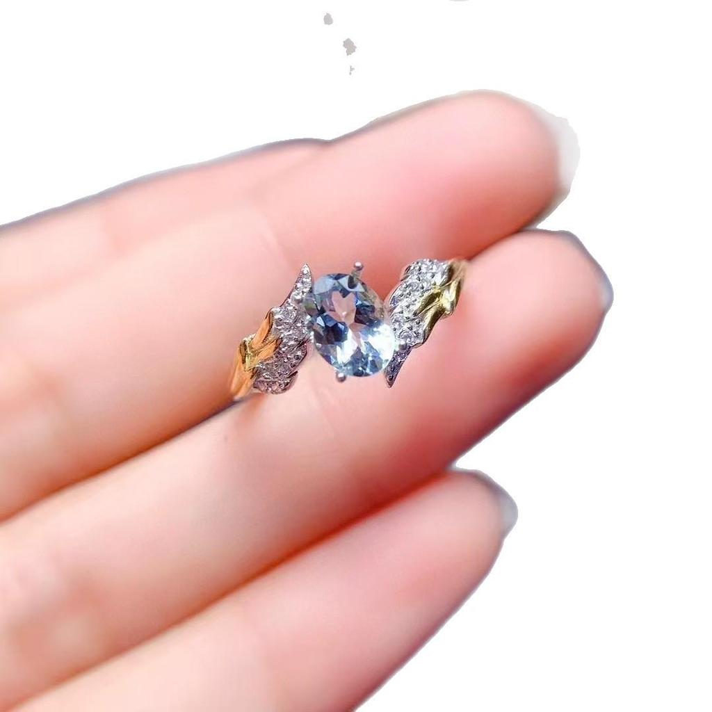 Natural Aquamarine Ring with S925 Silver, Three-Dimensional Wing Design, Minimalist Two-Tone.