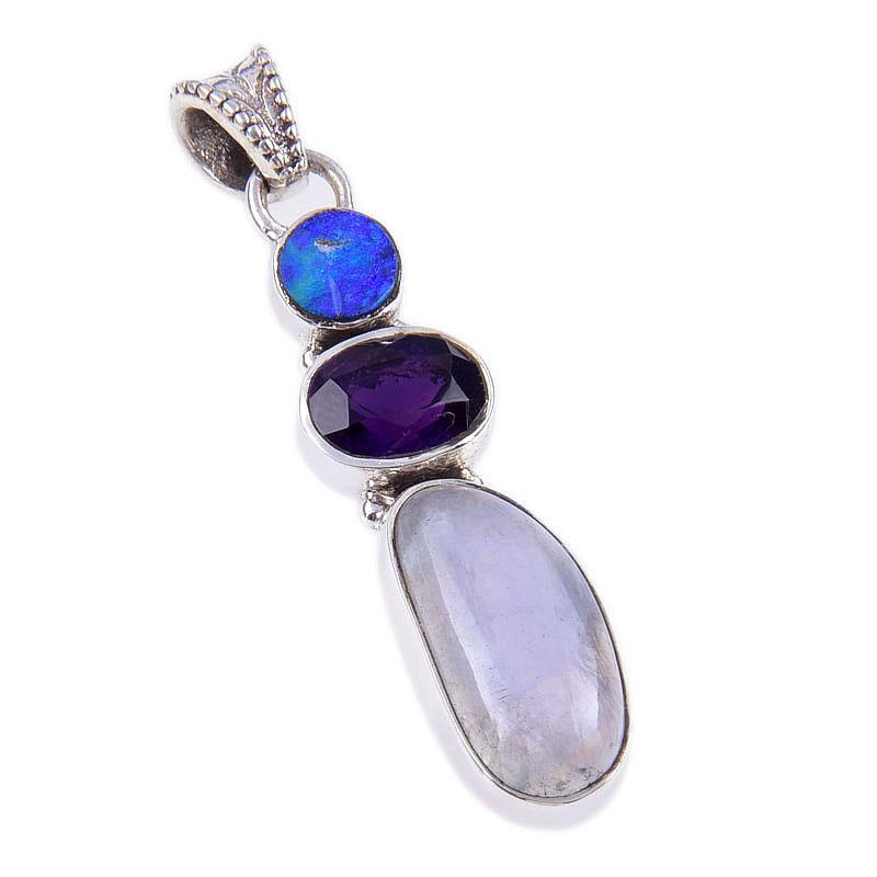 Natural Rainbow Moonstone,African Amethyst 925 Solid Silver Pendant 1.75" O0K35