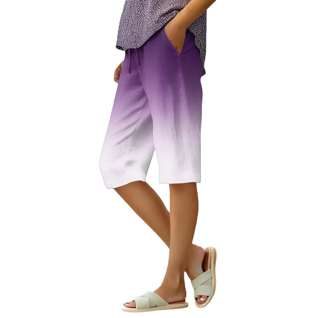Women's Summer Elasticated Tie Waist Gradient Colour Cotton Linen Loose Shorts