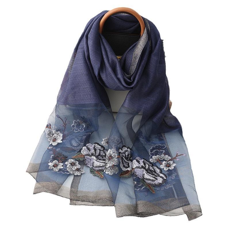 Four Season Silk Wool Scarf Women Hijab Pashmina Shawls Wrap Bandana Blanket Floral Pashmina Embroidery Scarves Foulard Femme