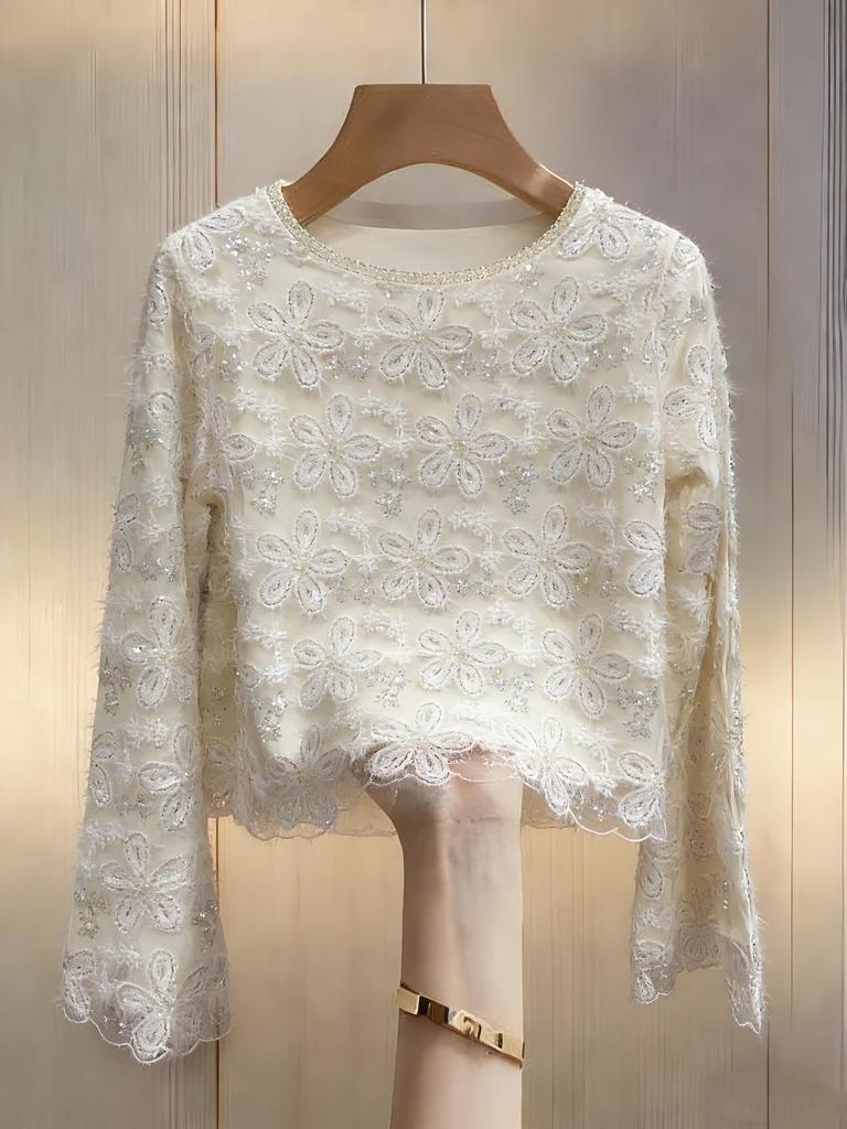Elegancki damski wełniany top z koralikami, z długim rękawem - Biały, Festiwalowy, Imprezowy