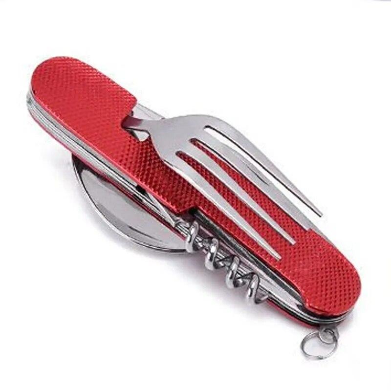 

Складная посуда из нержавеющей стали, нож, ложка, вилка, 4–1 столовая ложка, открывалка для бутылок, походный нож для фруктов, складной нож, портативный красный
