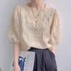 Women Round Neck Puff Sleeve Blouse Vintage Floral Embroidery Lightweight Shirt Elegant Casual Summer T Shirt