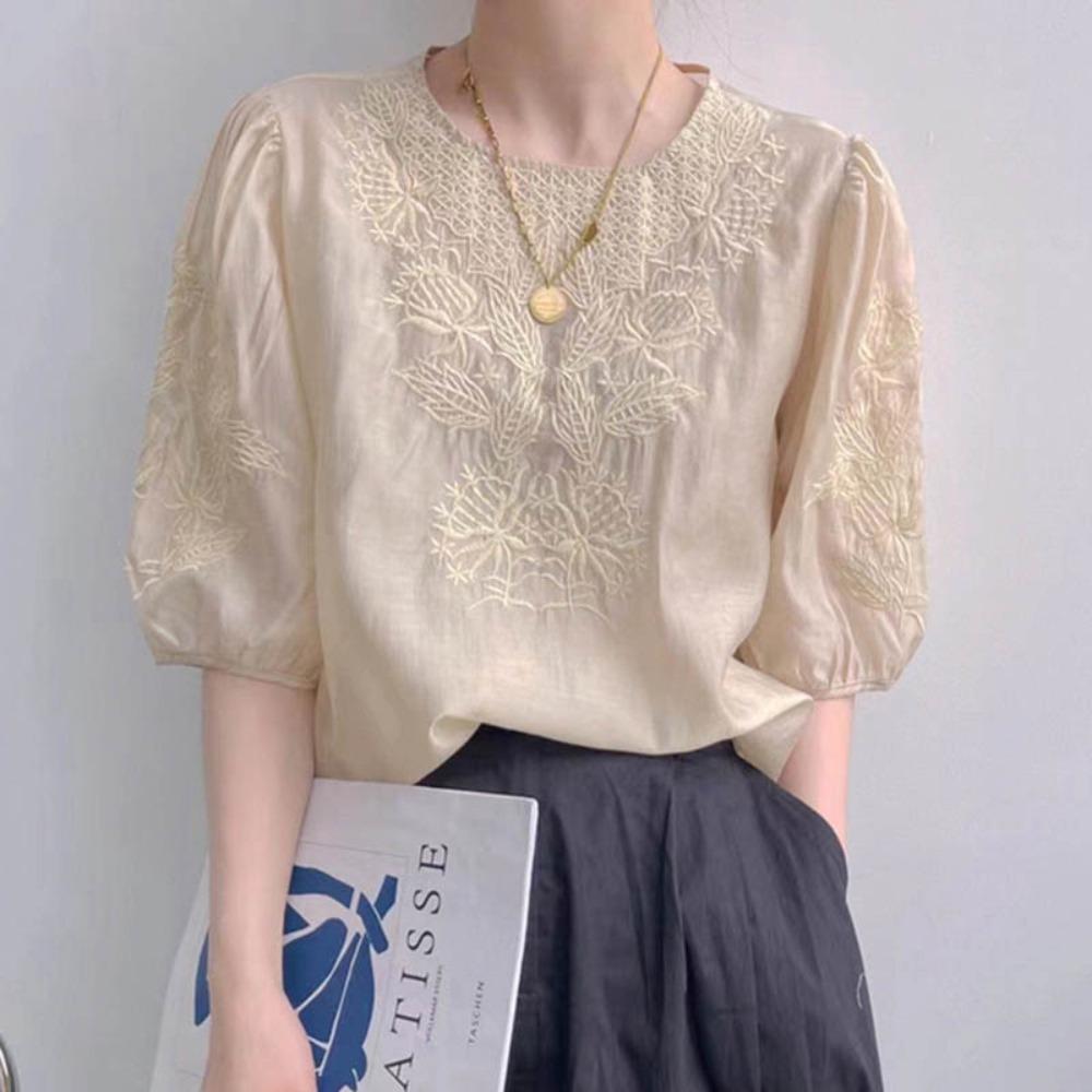 Women Round Neck Puff Sleeve Blouse Vintage Floral Embroidery Lightweight Shirt Elegant Casual Summer T Shirt