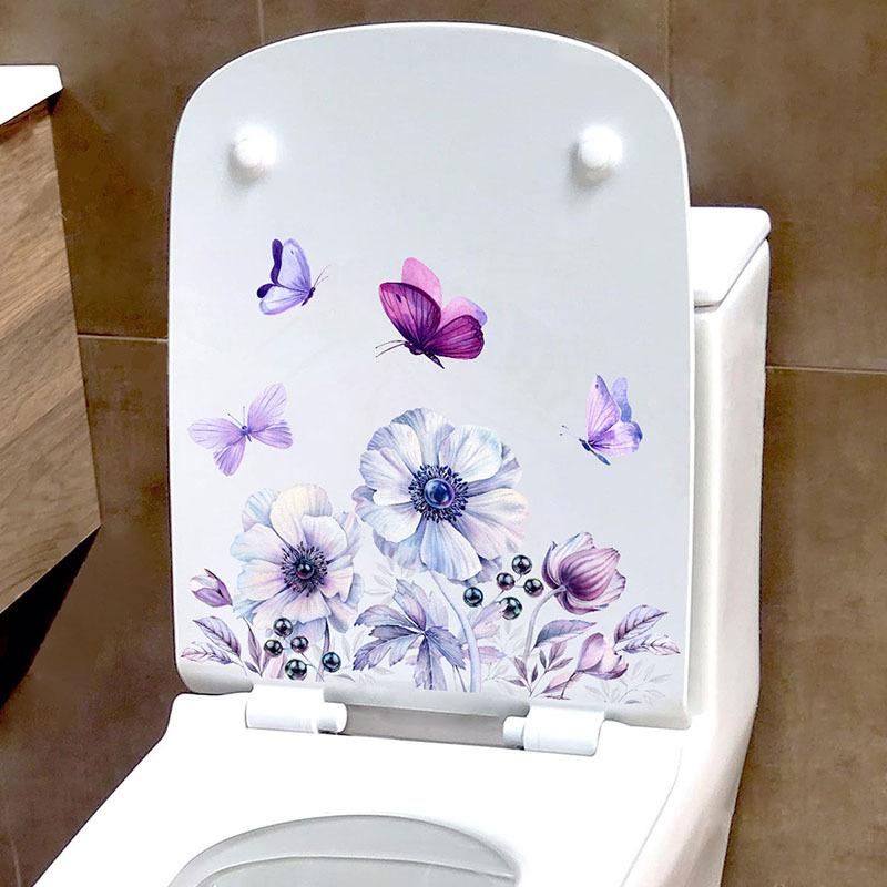 Adesivi per WC Fiori Viola e Farfalla, Decalcomanie Impermeabili Rimovibili per Decorazione Parete Bagno, Autoadesivi