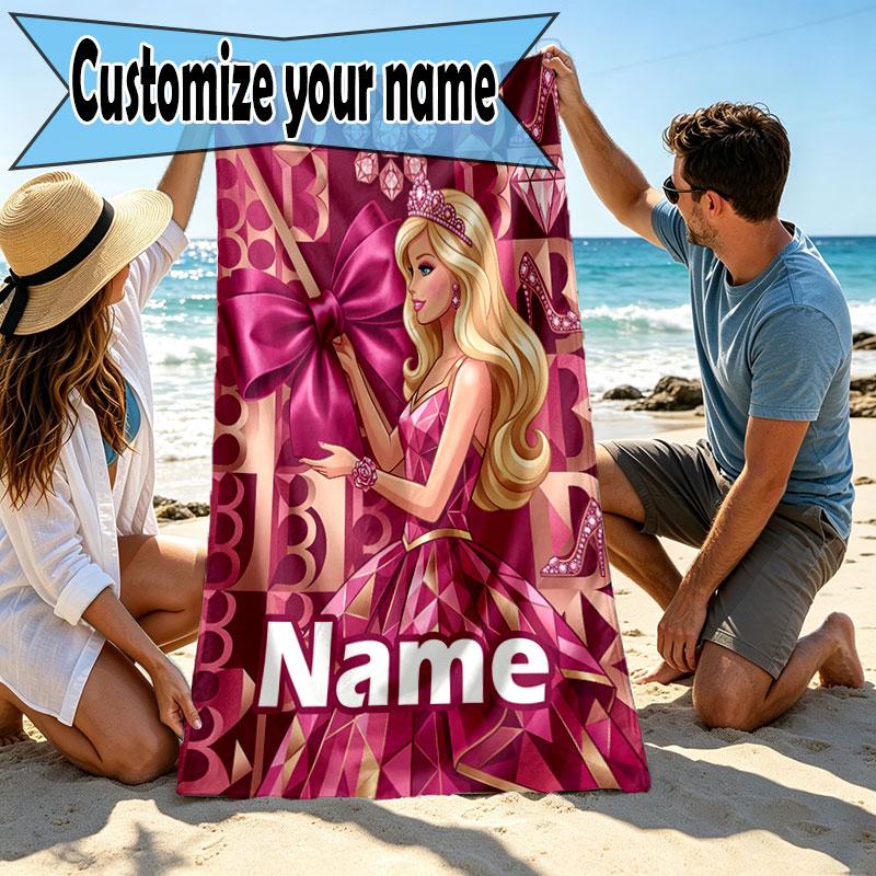 Prosop de plajă personalizat cu nume și imprimeu Barbie, pentru călătorii, camping, petreceri pe plajă, decor casnic, cadou de ziua de naștere pentru familie și prieteni