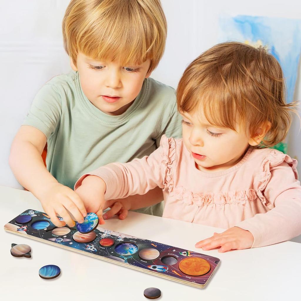 Children Wooden Space Planet Puzzles Montessori Toys Planet Matching Game Jigsaw Tray Universe Solar System Science Learning Toy