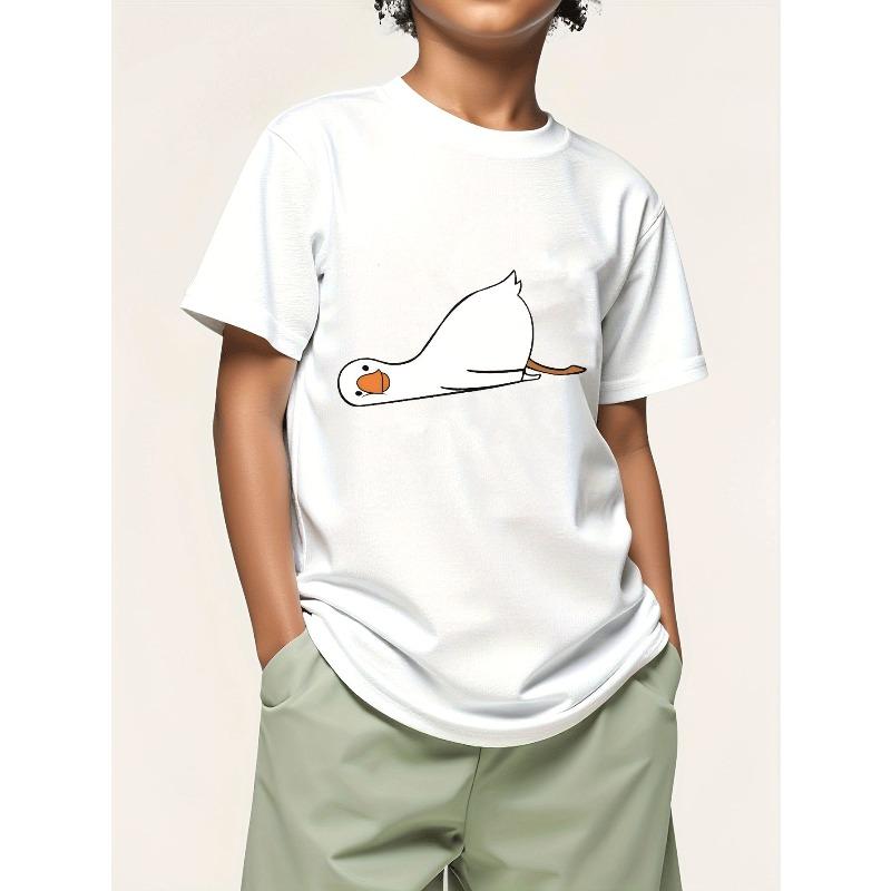 Boys Crew Neck Short Sleeve T-Shirt with Cartoon White Duck Print 110 белый