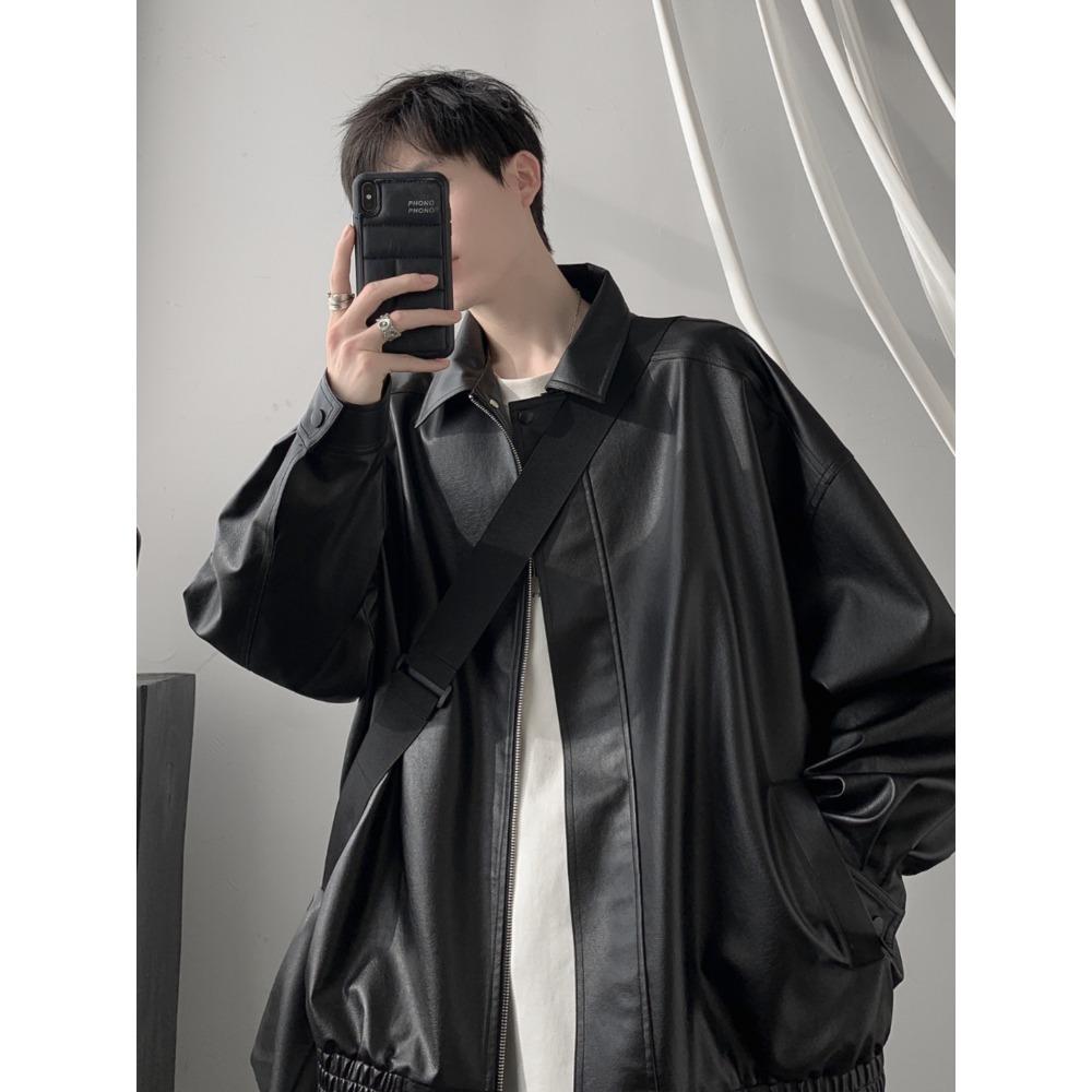 

American retro leather jacket men s autumn and winter senior sense ruffian handsome trendy brand casual loose pu leather lapel jacket XXXL чёрный